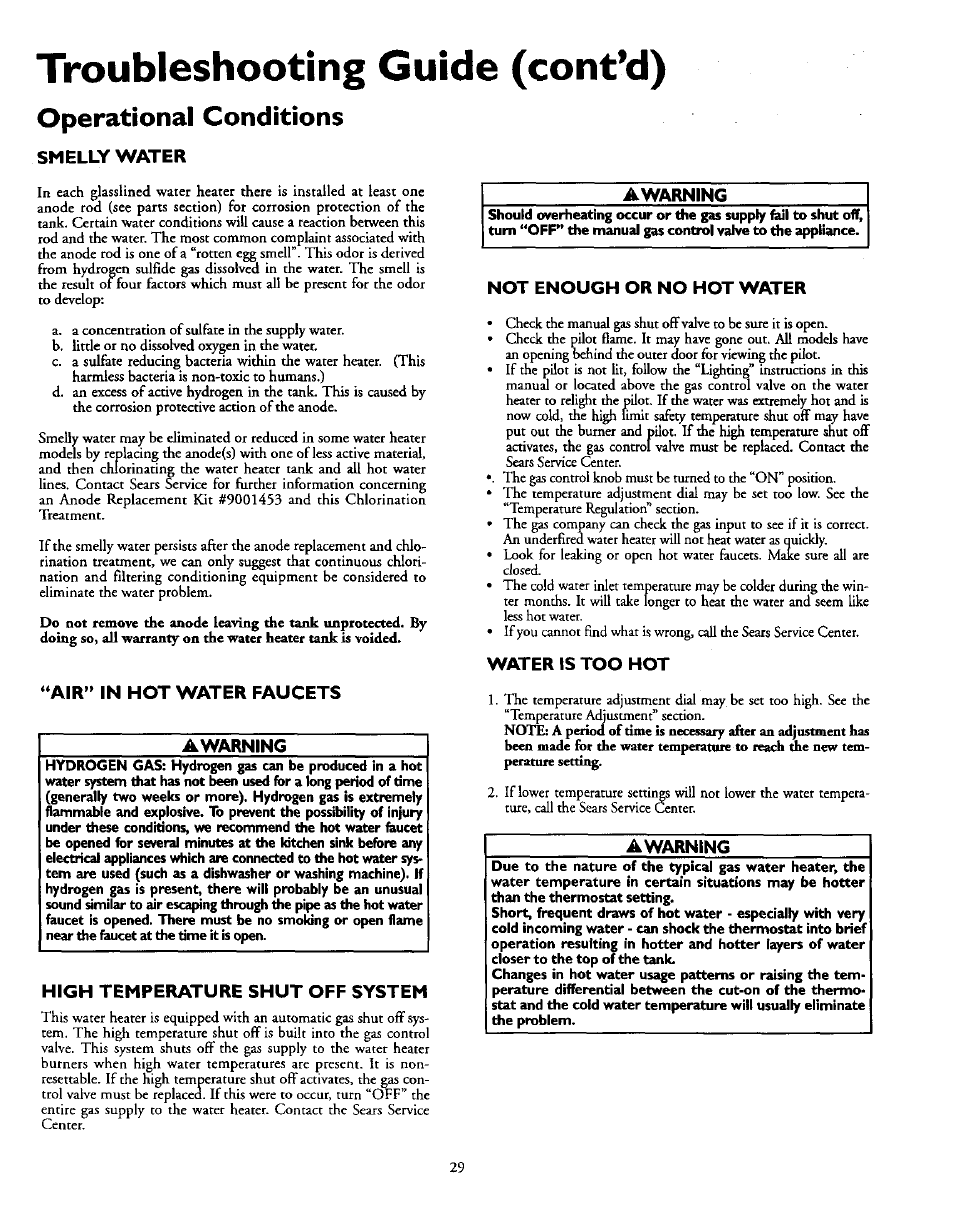 Troubleshooting guide (cont’d), Operational conditions, Smelly water | Air" in hot water faucets, High temperature shut off system, Smelly water ÿ, Air in hot water faucets | Sears POWER MISER 153.335914 User Manual | Page 29 / 36