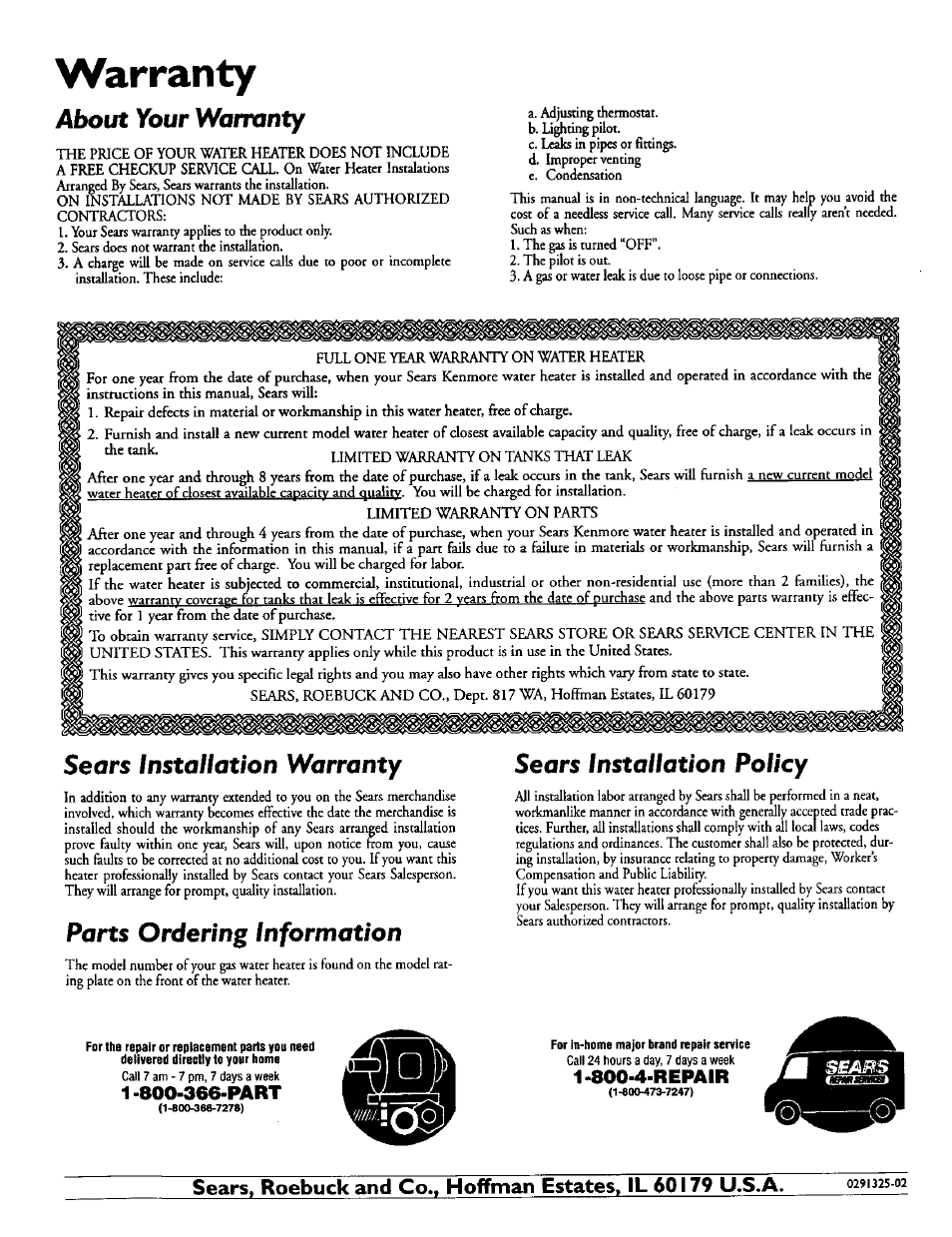 Warranty, About your warranty, Sears installation warranty | Parts ordering information, Sears installation policy | Sears POWER MISER 153.335914 User Manual | Page 36 / 36