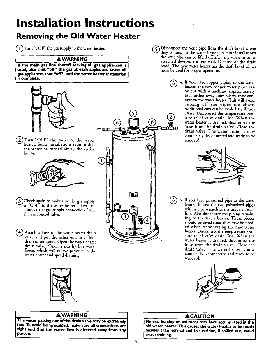 Installation instructions, Removing the old water heater, Awarning | Sears POWER MISER 153.335914 User Manual | Page 8 / 36