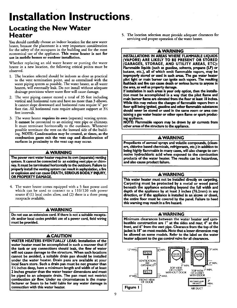 Locating the new water heater, Awarning, A caution | Installation instructions | Sears POWER MISER 153.335914 User Manual | Page 9 / 36