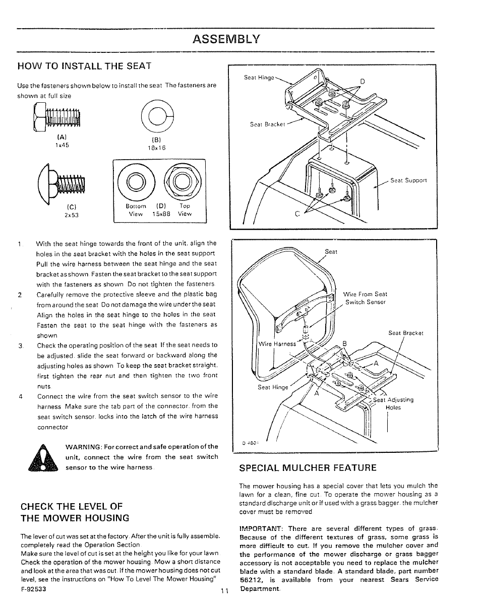 How to install the seat, Check the level of the mower housing, Special mulcher feature | Assembly | Sears 502.25502 User Manual | Page 11 / 32