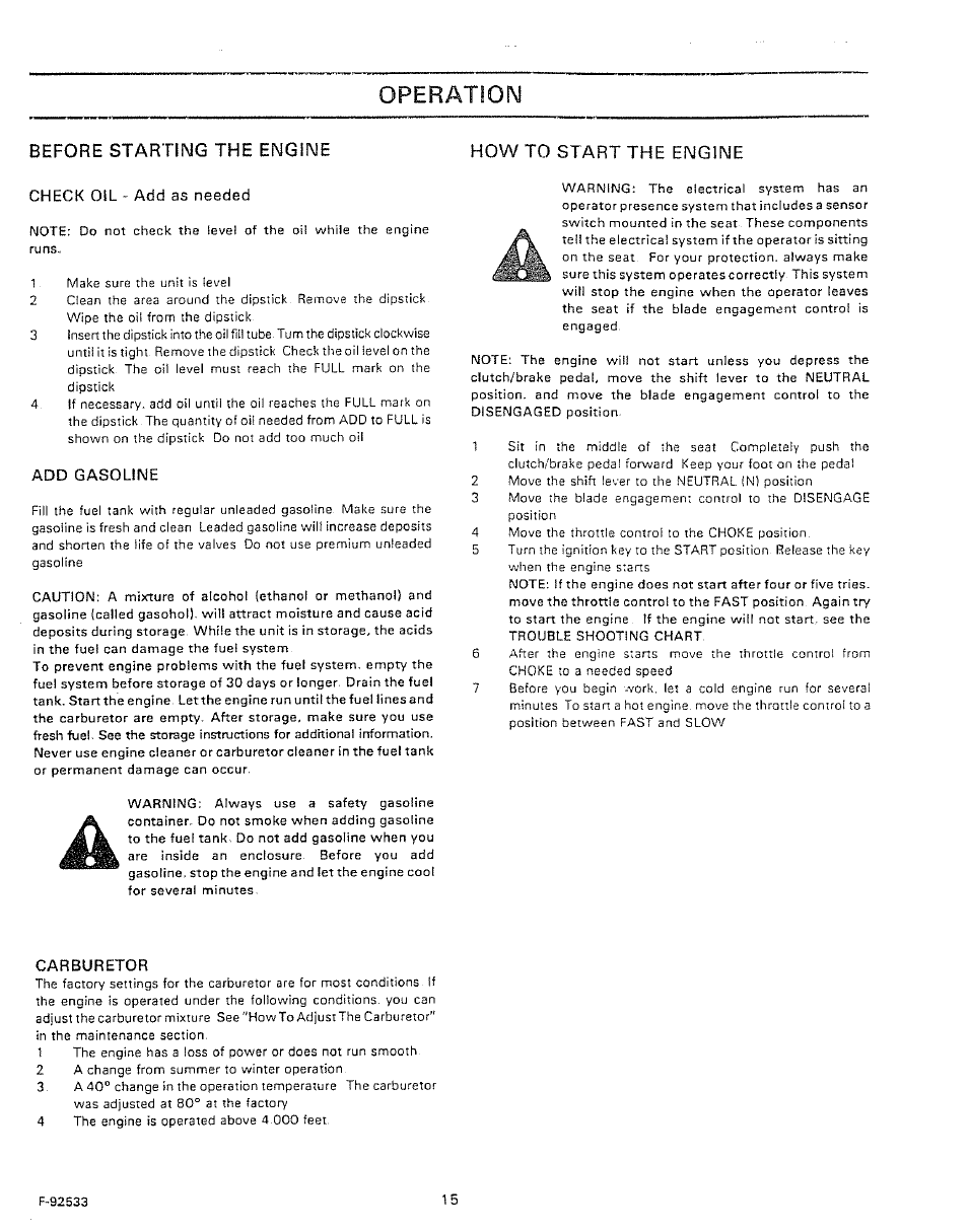 Before starting the engine, How to start the engine, Operation | Before starting the engine how to start the engine | Sears 502.25502 User Manual | Page 15 / 32