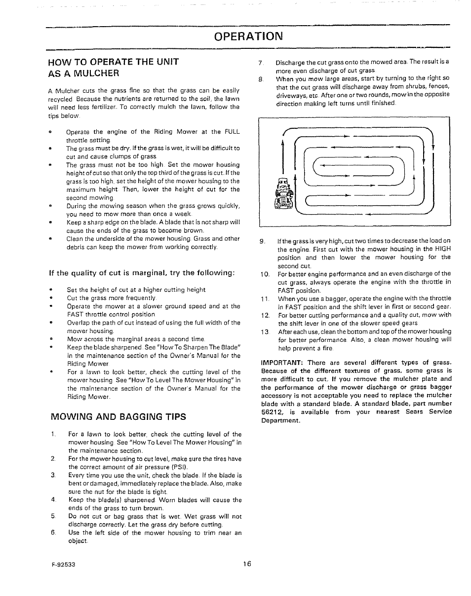 How to operate the unit as a mulcher, Mowing and bagging tips, Operation | Sears 502.25502 User Manual | Page 16 / 32