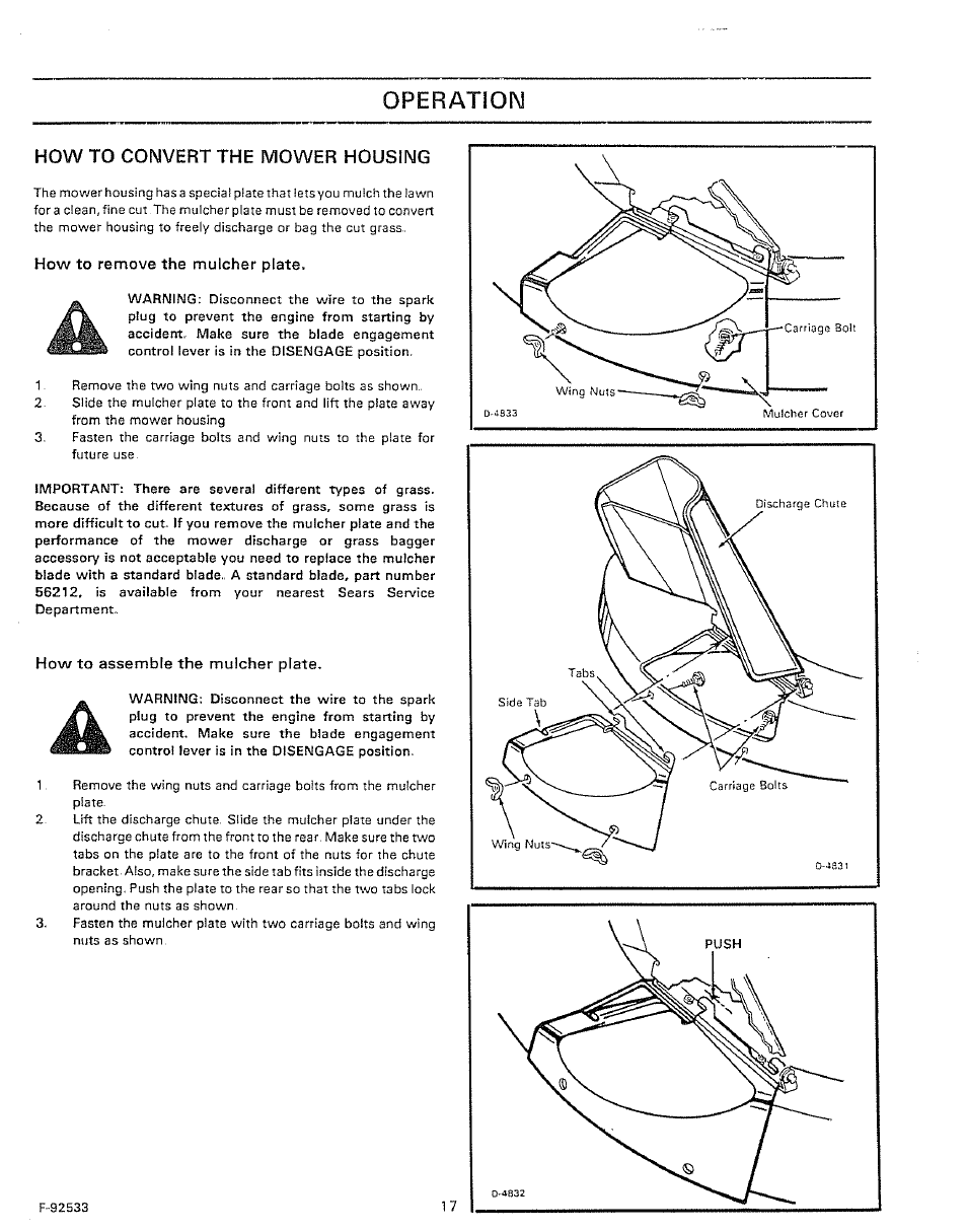How to convert the mower housing, Operation | Sears 502.25502 User Manual | Page 17 / 32