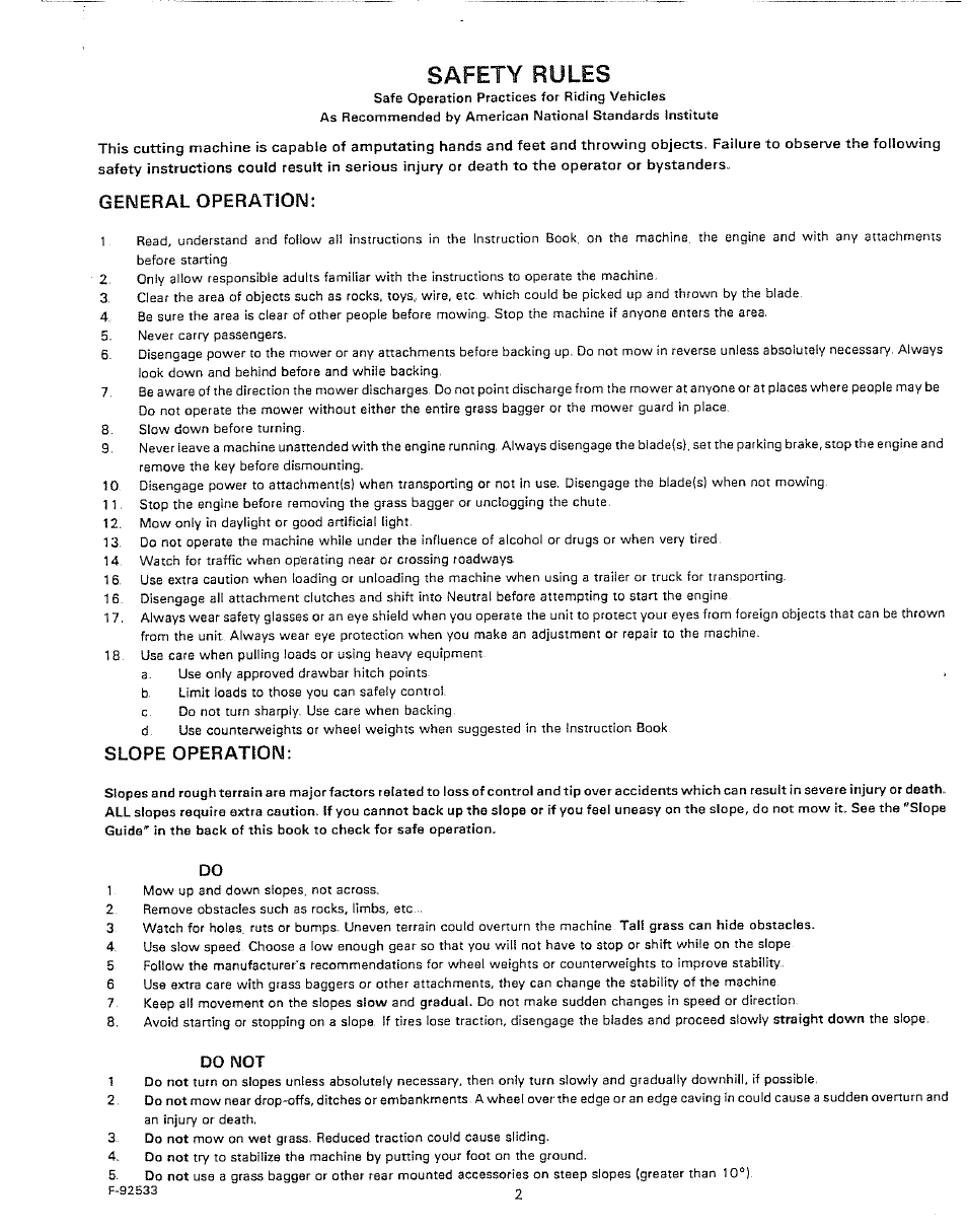 General operation, Slope operation, Safety rules | Sears 502.25502 User Manual | Page 2 / 32