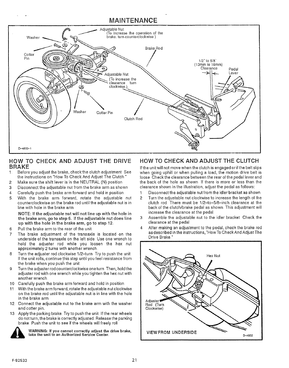 How to check and adjust the drive brake, How to check and adjust the clutch, Maintenance | Sears 502.25502 User Manual | Page 21 / 32