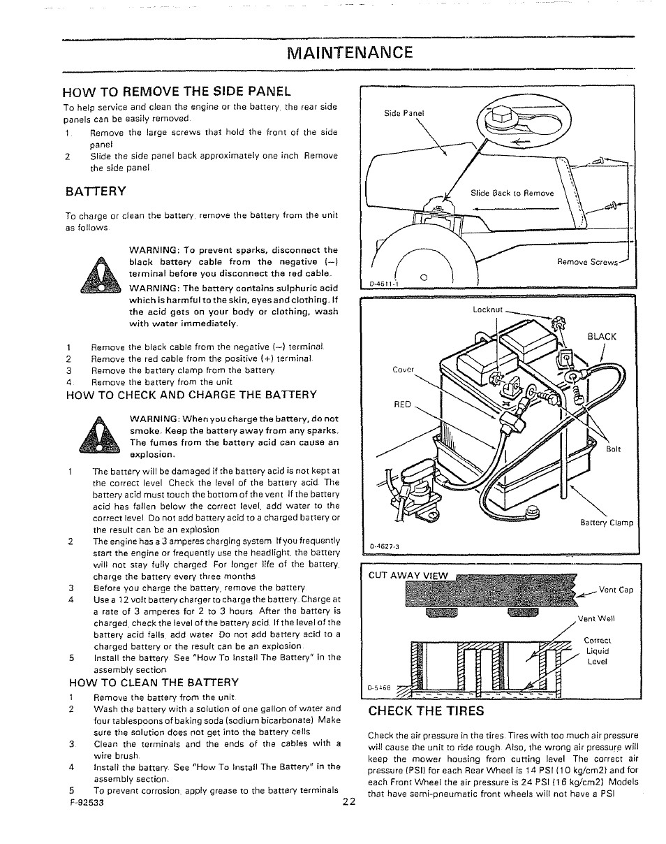 How to remove the side panel, Battery, Check the tires | Maintenance | Sears 502.25502 User Manual | Page 22 / 32