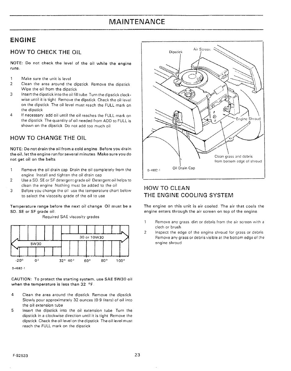 How to check the oil, How to change the oil, How to clean | The engine cooling system, Maintenance, Engine, How to clean the engine cooling system | Sears 502.25502 User Manual | Page 23 / 32