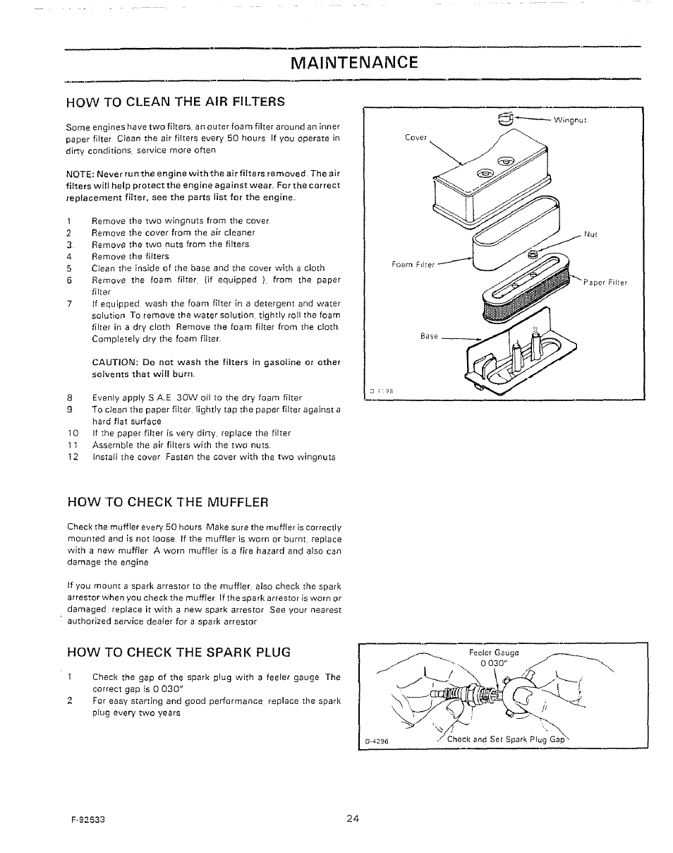 How to clean the air filters, How to check the muffler, How to check the spark plug | Maintenance | Sears 502.25502 User Manual | Page 24 / 32
