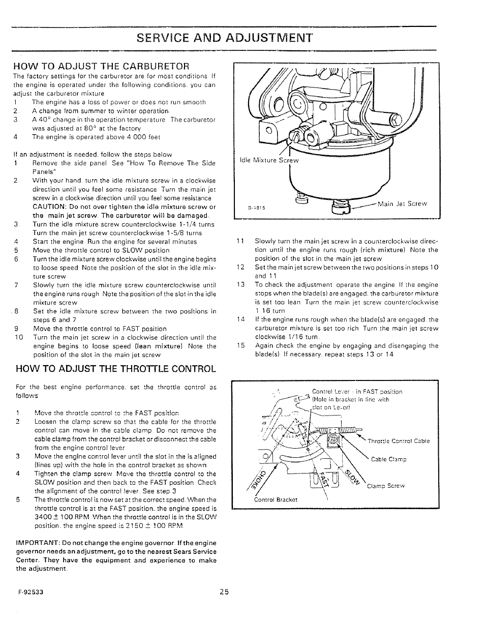 How to adjust the carburetor, How to adjust the throttle control, Service and adjustment | Sears 502.25502 User Manual | Page 25 / 32