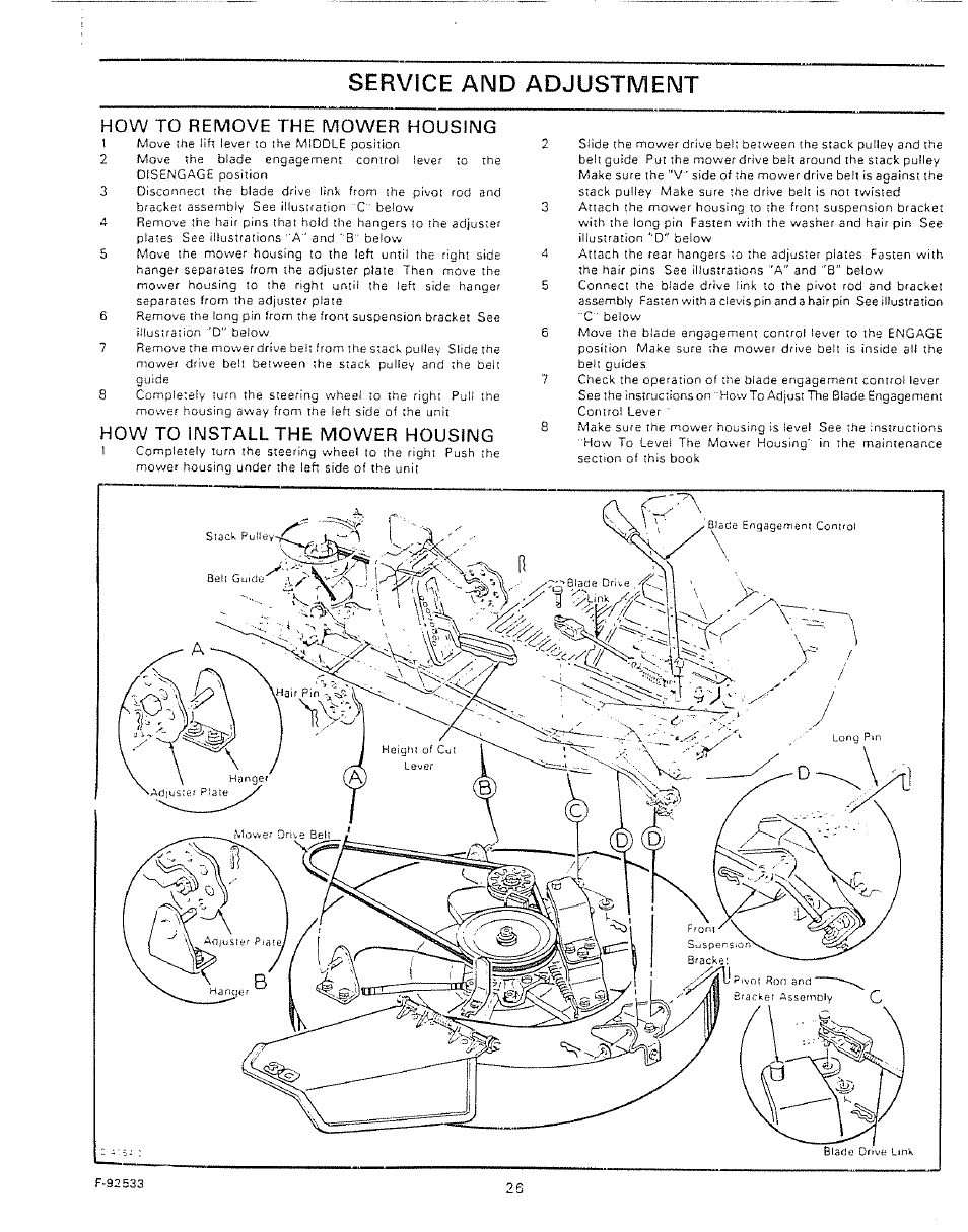 How to remove the mower housing, How to install the mower housing, Service and adjustment | Sears 502.25502 User Manual | Page 26 / 32