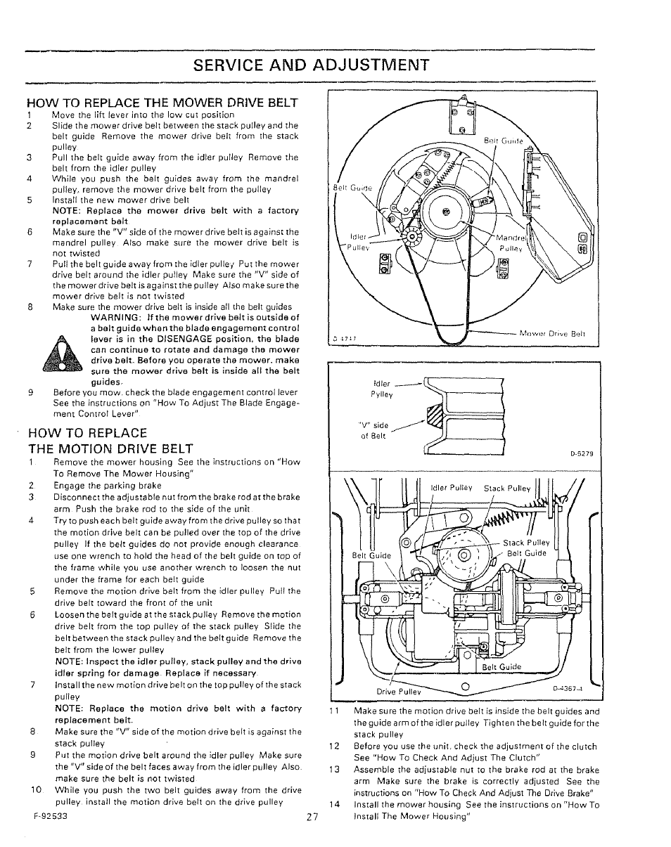 How to replace the mower drive belt, How to replace the motion drive belt, Service and adjustment | Sears 502.25502 User Manual | Page 27 / 32