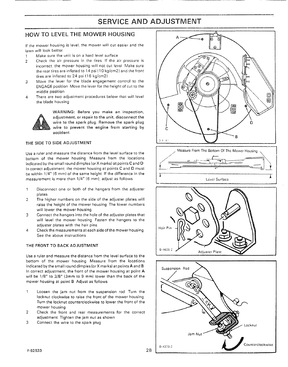 How to level the mower housing, Service and adjustment | Sears 502.25502 User Manual | Page 28 / 32