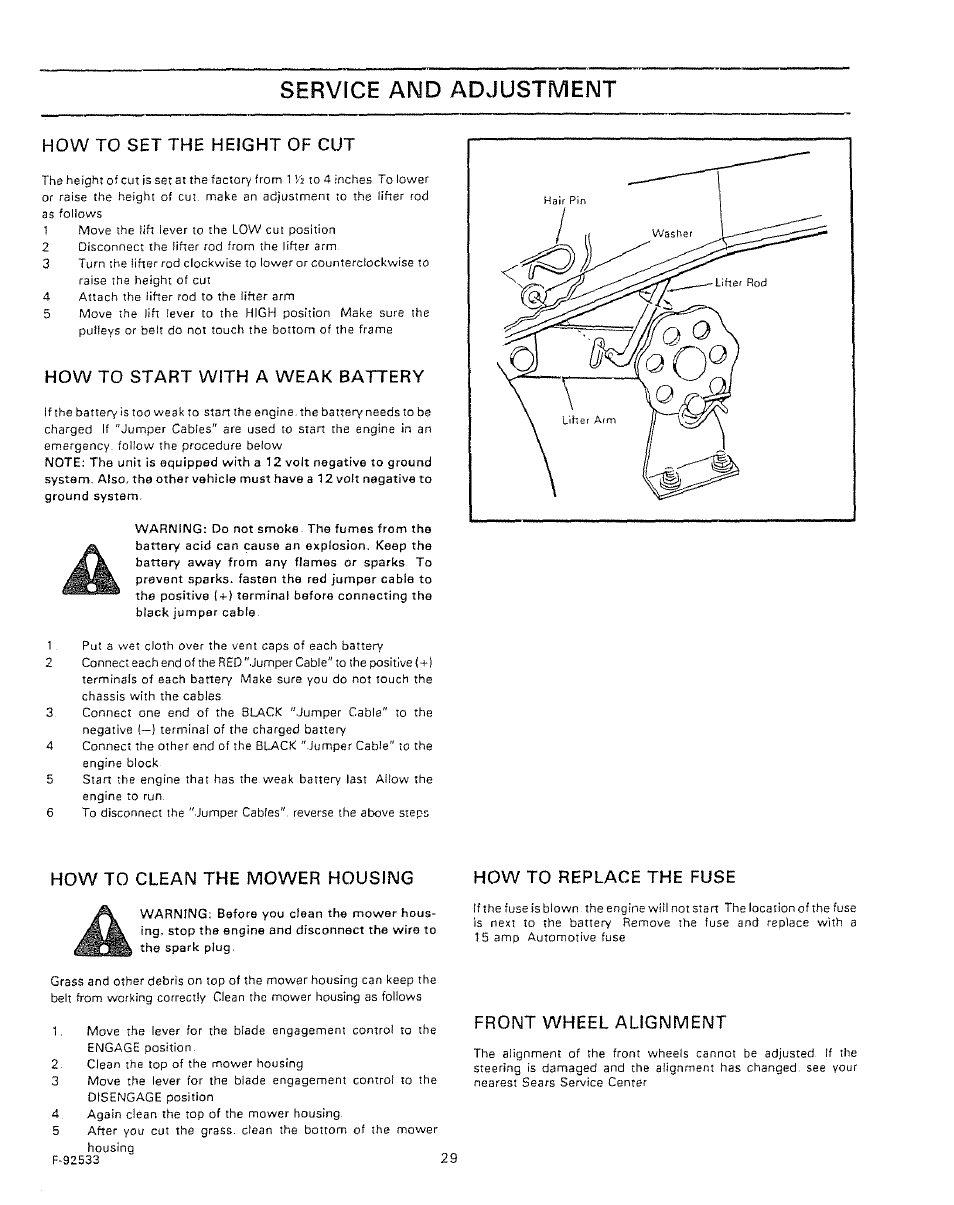 How to set the height of cut, How to start with a weak battery, How to clean the mower housing | How to replace the fuse, Front wheel alignment, Service and adjustment | Sears 502.25502 User Manual | Page 29 / 32