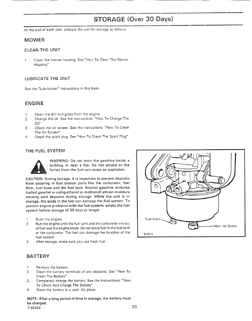 Mower, Engine, Battery | Storage (over 30 days) | Sears 502.25502 User Manual | Page 30 / 32