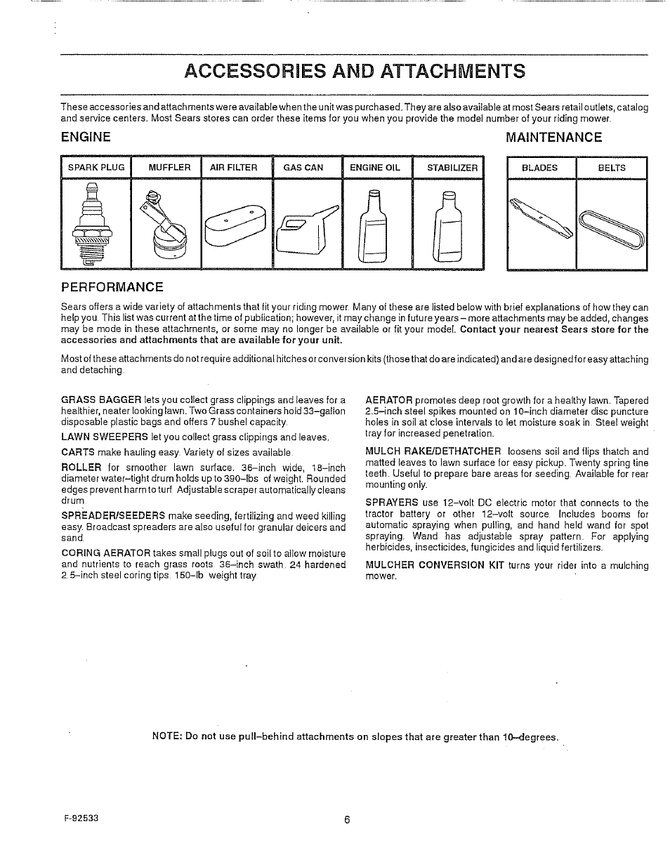 Maintenance, Performance, Accessories and attachments | Engine maintenance performance | Sears 502.25502 User Manual | Page 6 / 32