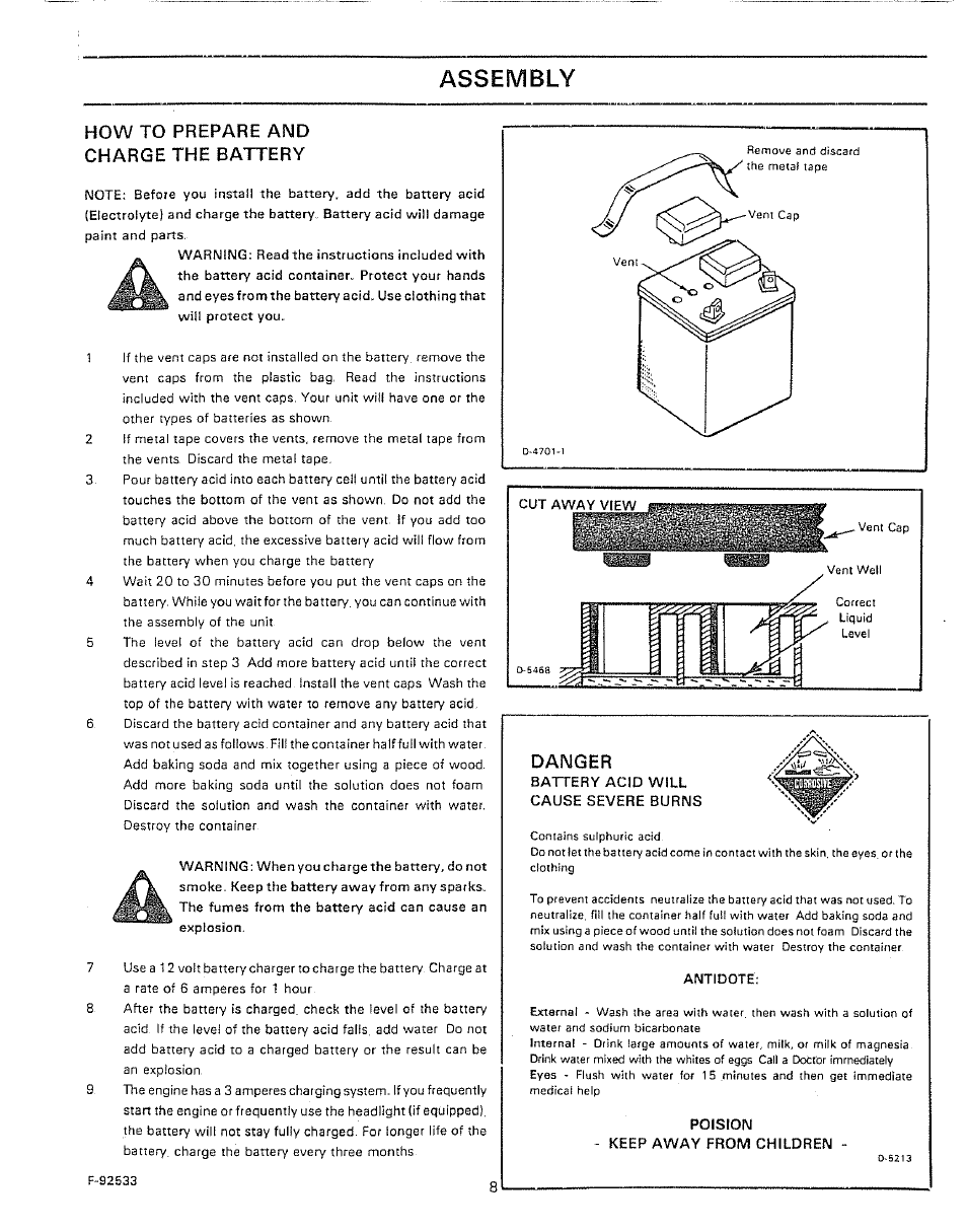 How to prepare and charge the battery, Assembly, Danger | Sears 502.25502 User Manual | Page 8 / 32