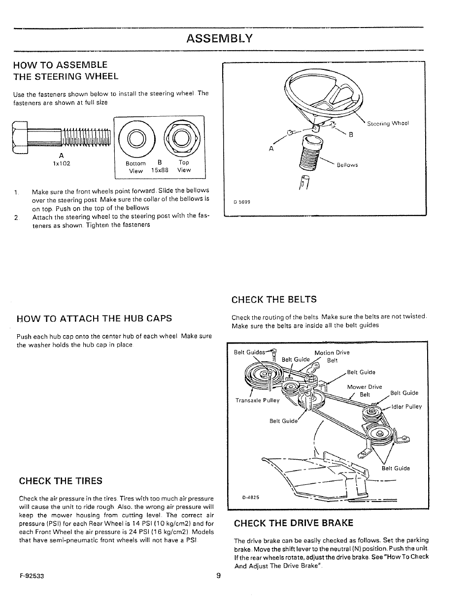 How to assemble the steering wheel, Check the belts, Assembly | Sears 502.25502 User Manual | Page 9 / 32