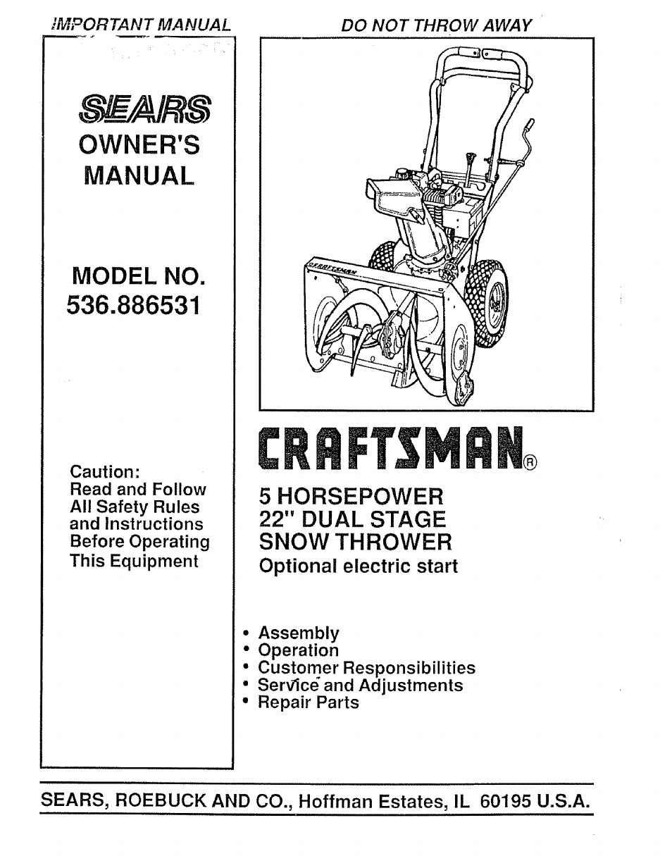 Sears Craftsman 536.886531 User Manual | 44 pages