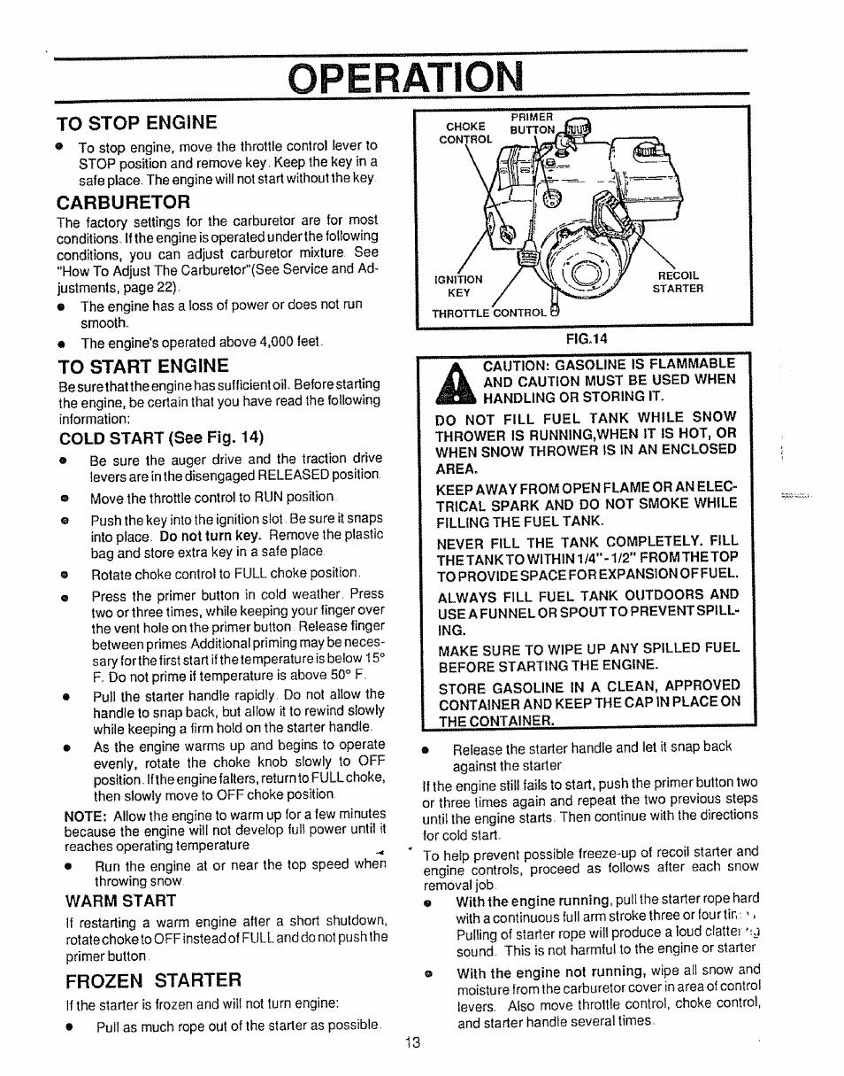 To stop engine, Carburetor, To start engine | Cold start (see fig. 14), Warp start, Frozen starter | Sears Craftsman 536.886531 User Manual | Page 13 / 44