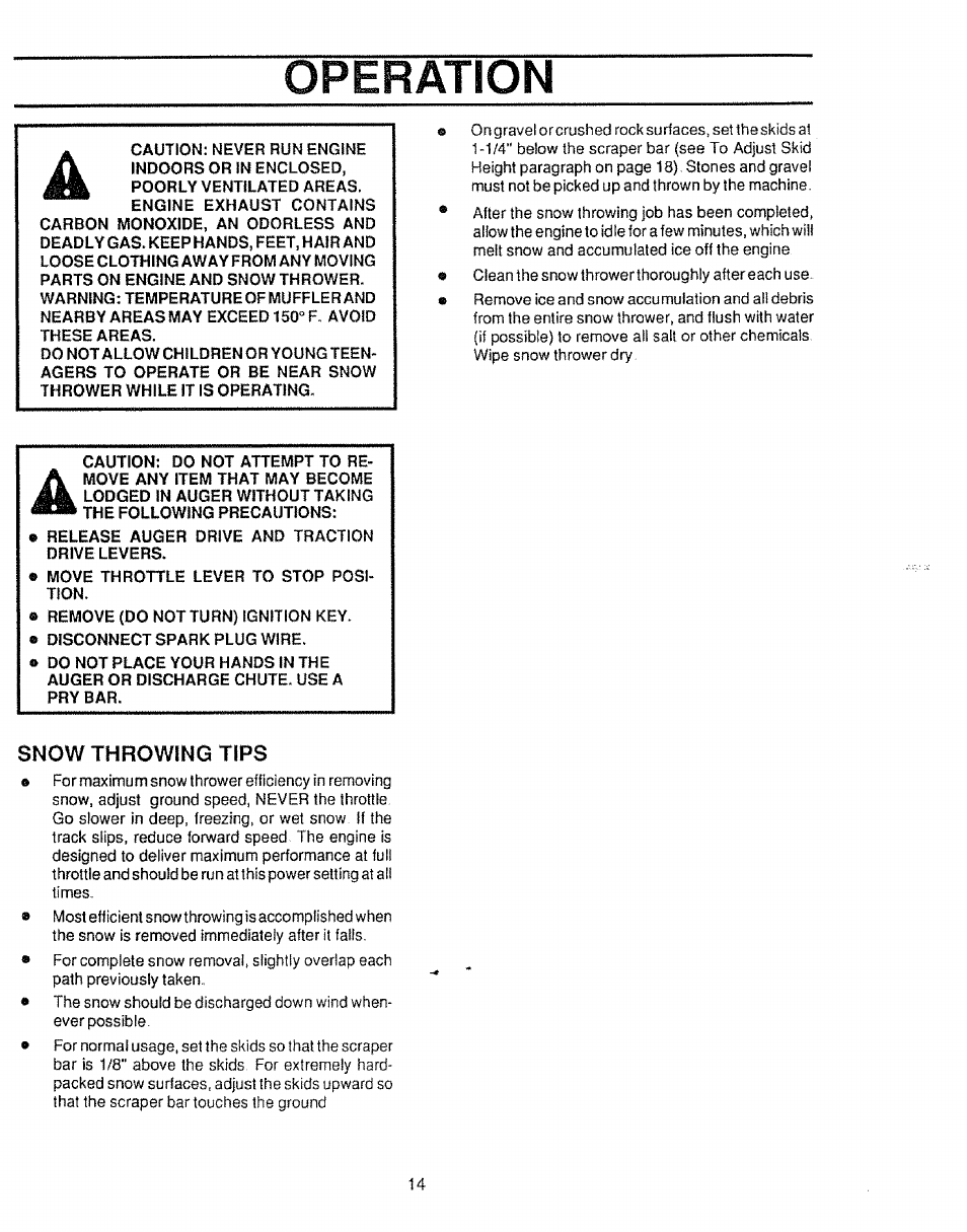 Snow throwing tips, Operation | Sears Craftsman 536.886531 User Manual | Page 14 / 44