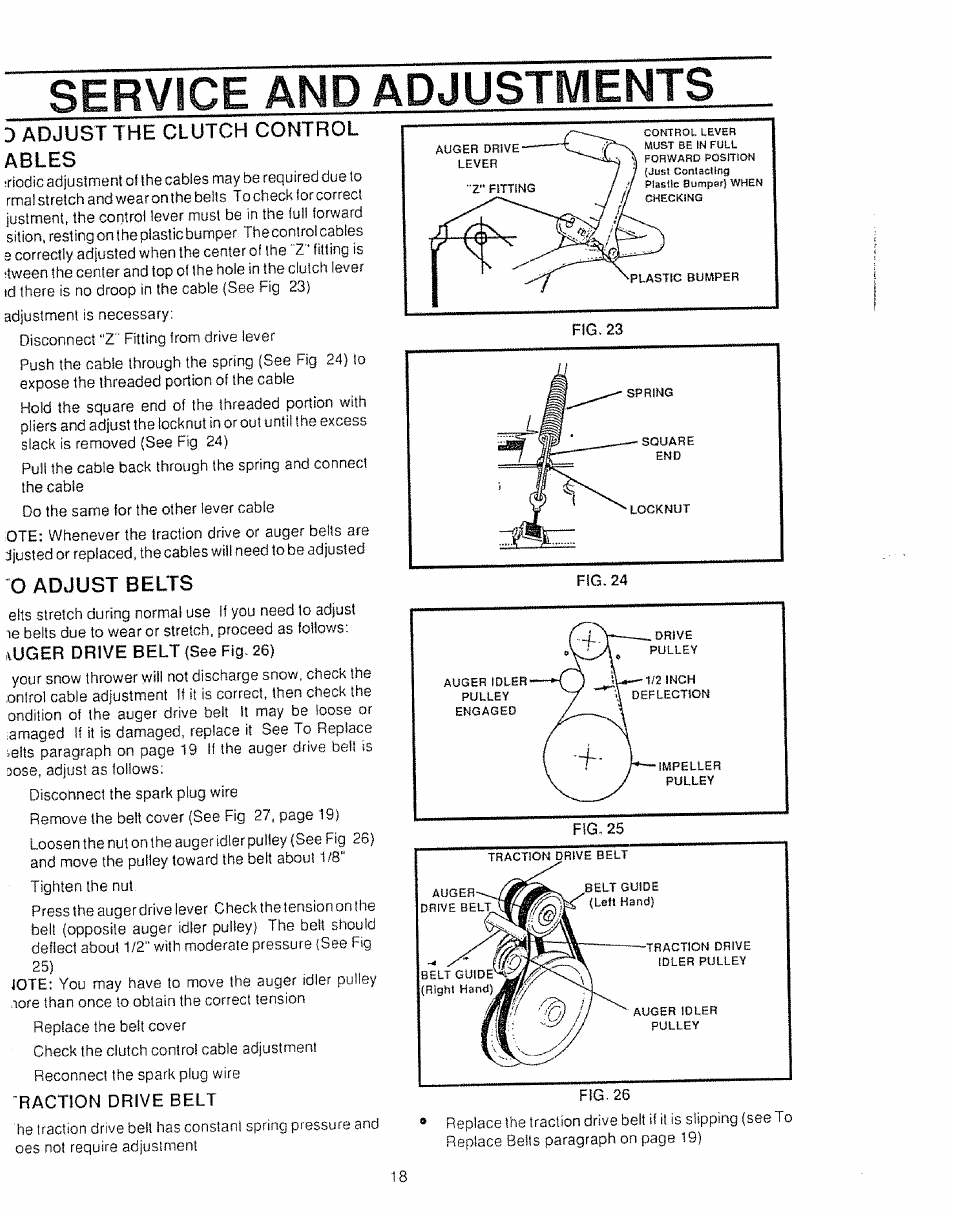 Э adjust the clutch control, 0 adjust belts, Qfrvice and adjustments | Fig. 23, Fig. 24, Fig, 25 | Sears Craftsman 536.886531 User Manual | Page 18 / 44