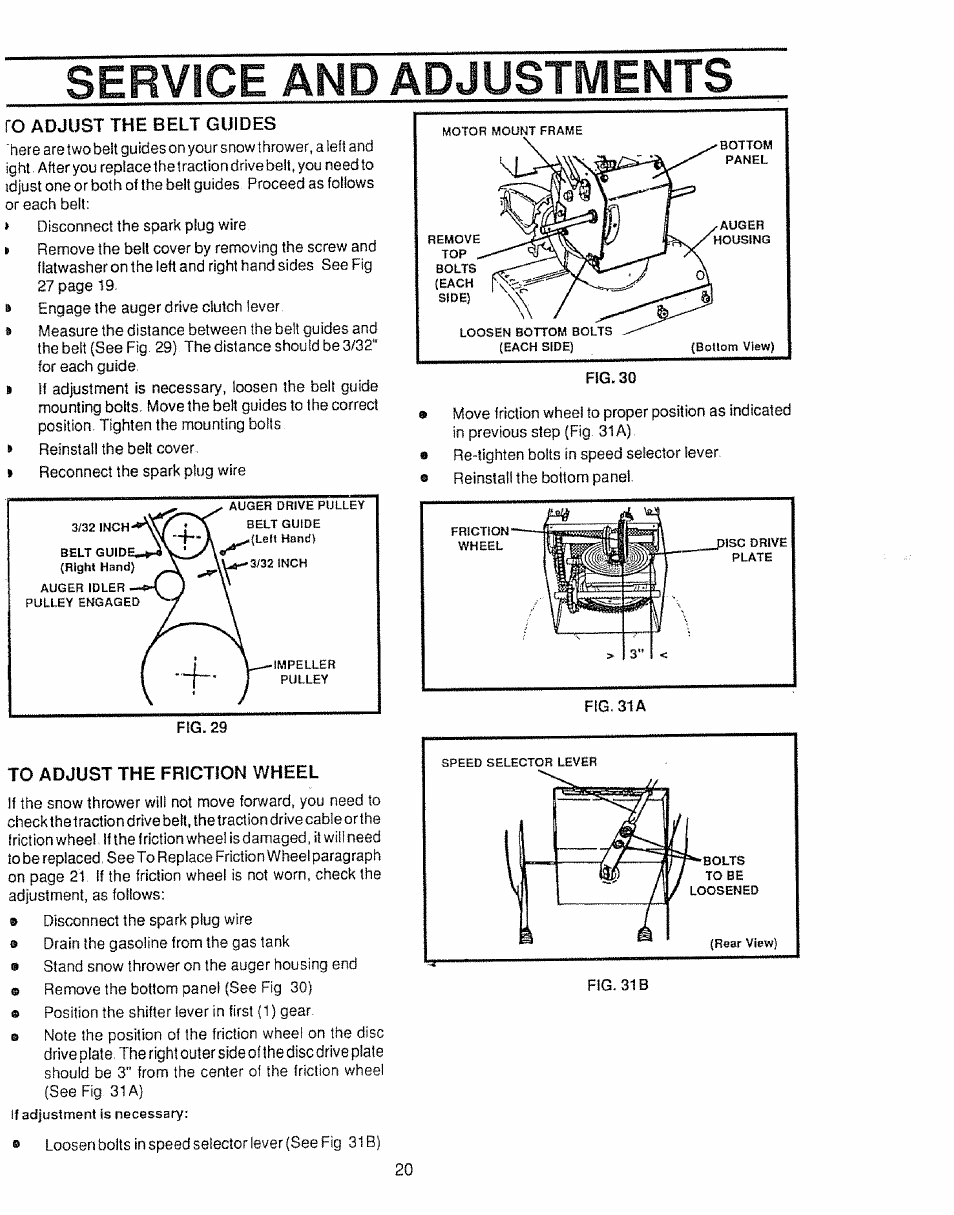 Ro adjust the belt guides, To adjust the friction wheel, Rfrvice and adjustments | Sears Craftsman 536.886531 User Manual | Page 20 / 44