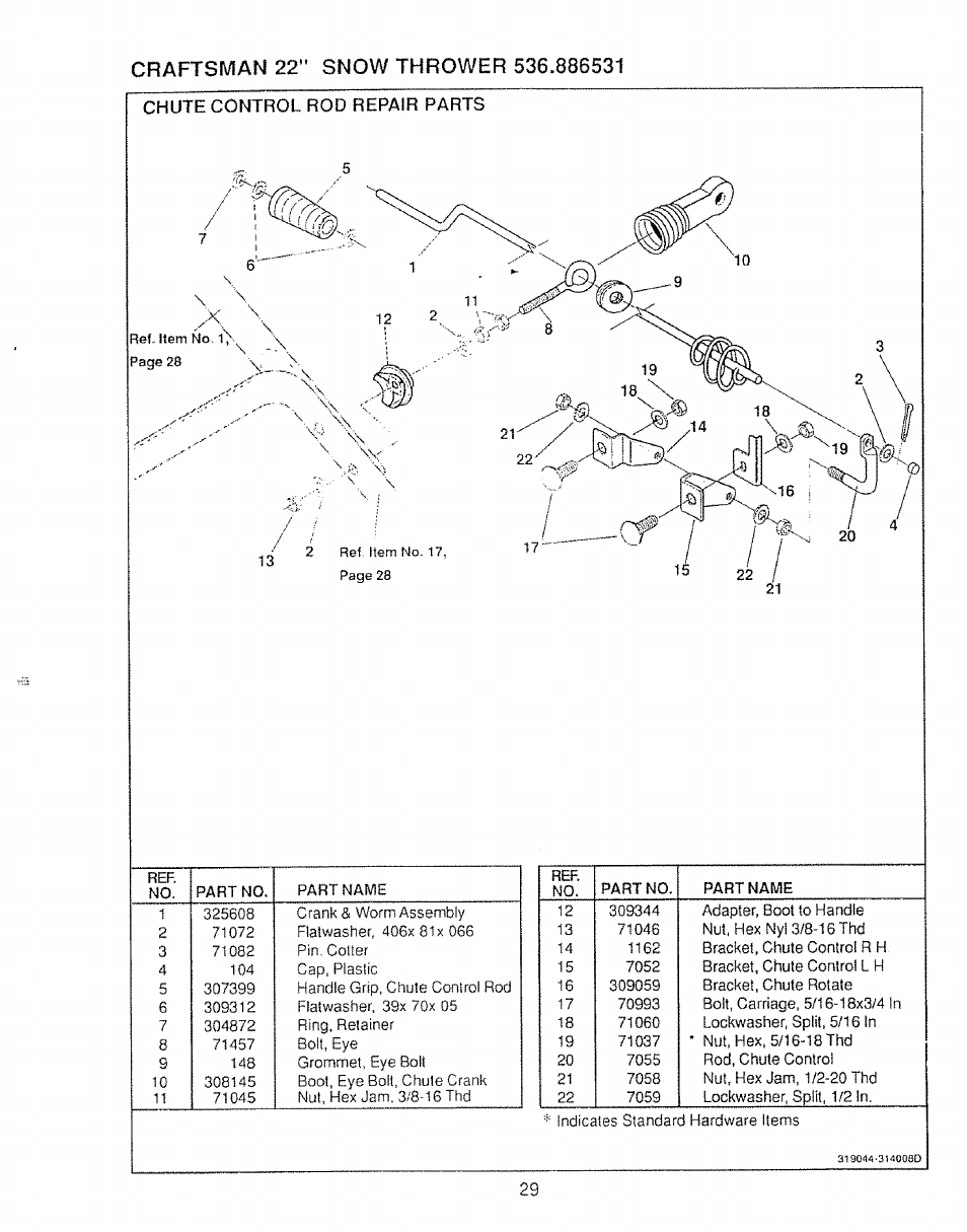 Chute control rod repair parts | Sears Craftsman 536.886531 User Manual | Page 29 / 44