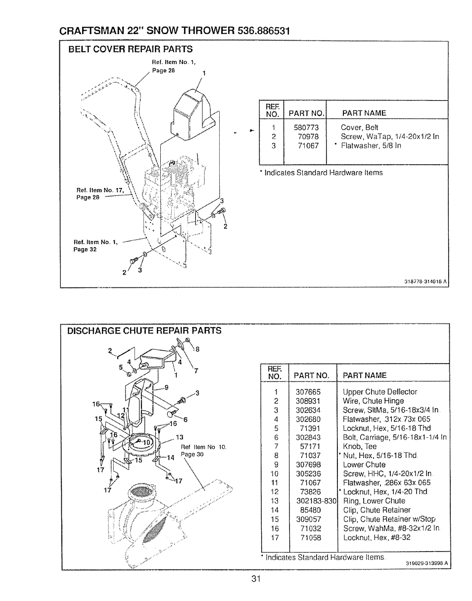 Belt cover repair parts | Sears Craftsman 536.886531 User Manual | Page 31 / 44