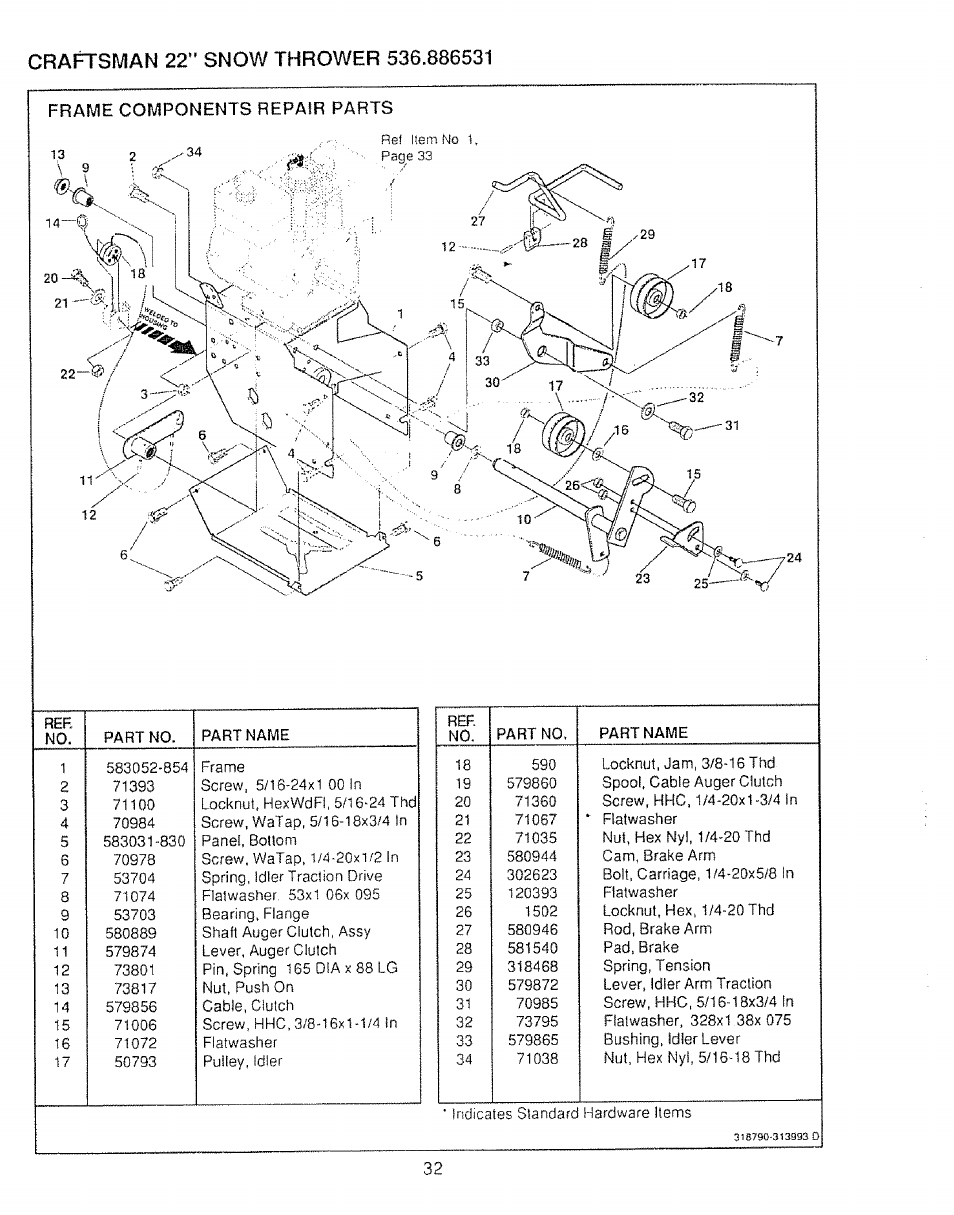 Frame components repair parts | Sears Craftsman 536.886531 User Manual | Page 32 / 44