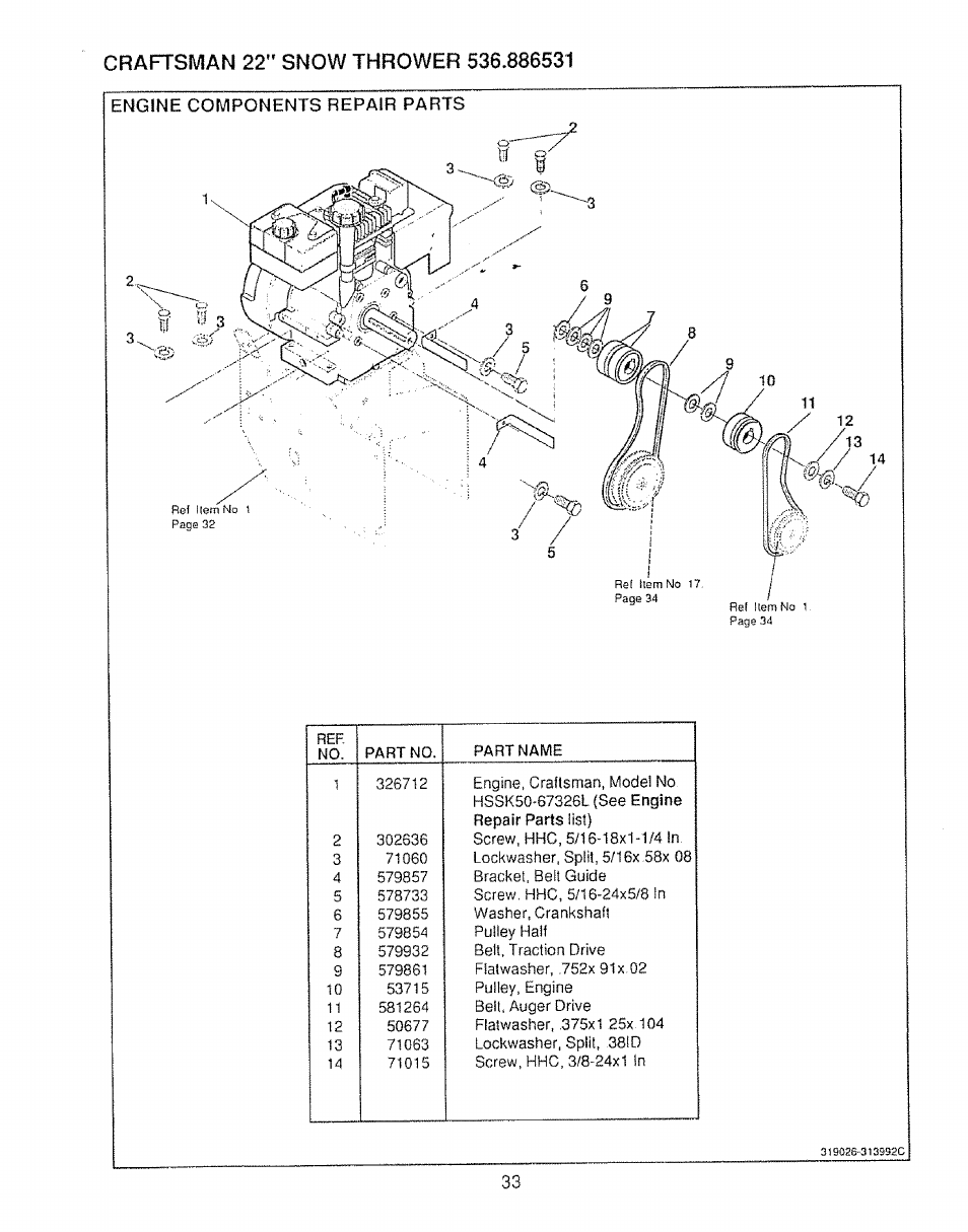 Engine components repair parts | Sears Craftsman 536.886531 User Manual | Page 33 / 44