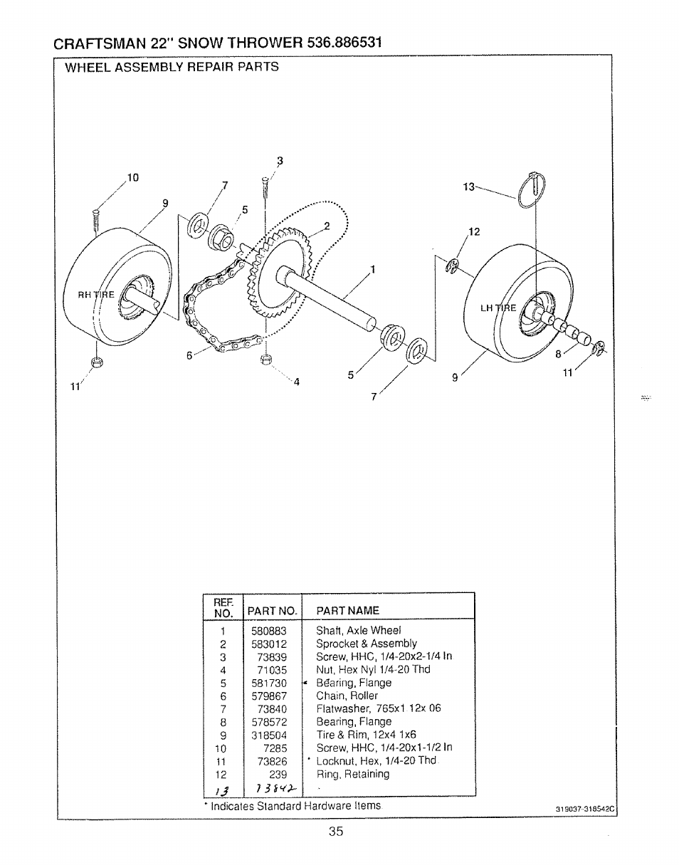 Wheel assembly repair parts | Sears Craftsman 536.886531 User Manual | Page 35 / 44