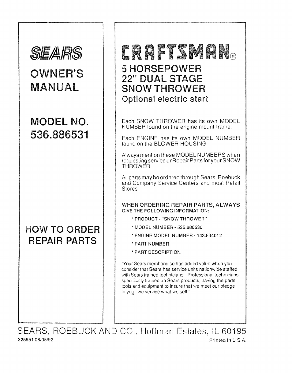 Owner's, Manual, Model no. 536.886531 | How to order repair parts, Erhftsmia, 5 horsepower 22