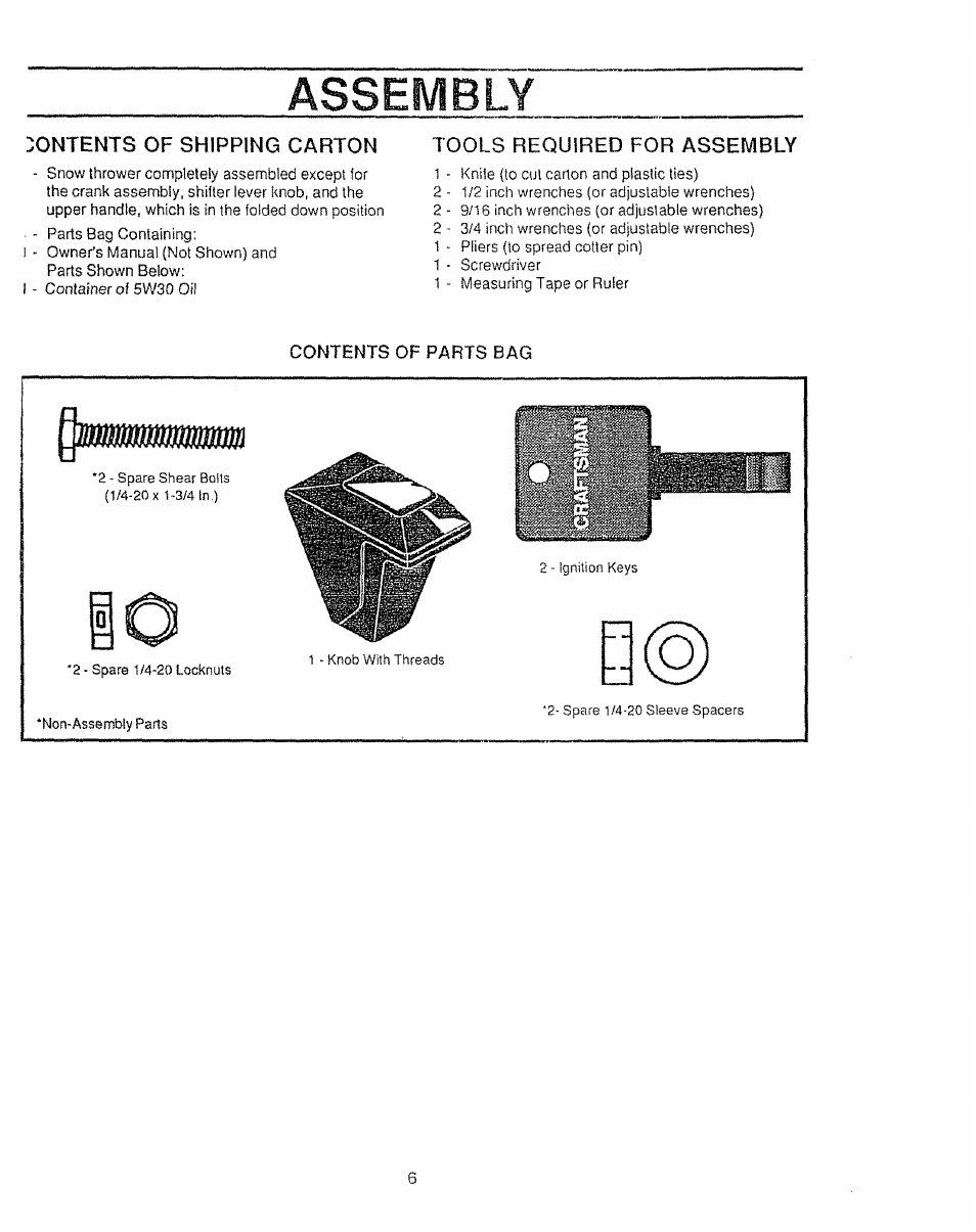 Contents of shipping carton, Tools required for assembly, Contents of parts bag | Assembly | Sears Craftsman 536.886531 User Manual | Page 6 / 44