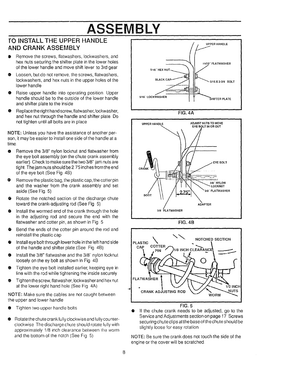 To install the upper handle and crank assembly, Assembly | Sears Craftsman 536.886531 User Manual | Page 8 / 44