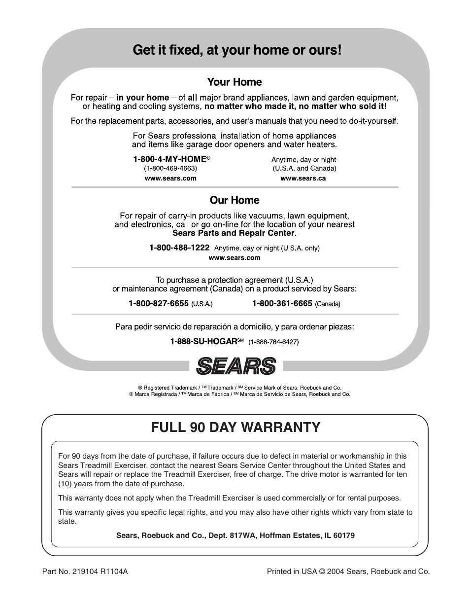 Full 90 day warranty | Sears 831.295251 User Manual | Page 30 / 30