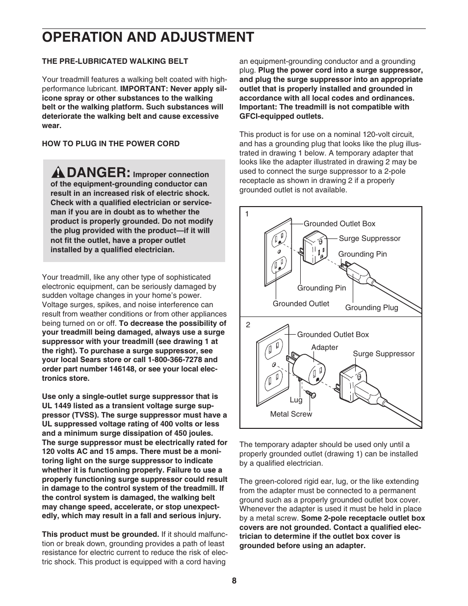 Operation and adjustment, Danger | Sears 831.295251 User Manual | Page 8 / 30