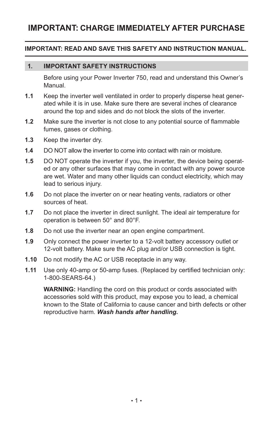 Important, Charge immediately after purchase | Sears 200.71495 User Manual | Page 3 / 10