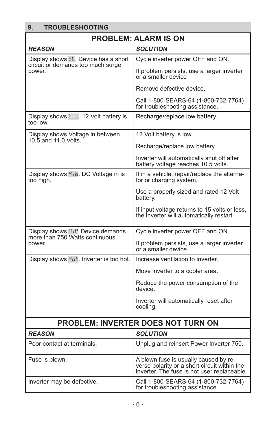 Problem: alarm is on, Problem: inverter does not turn on | Sears 200.71495 User Manual | Page 8 / 10