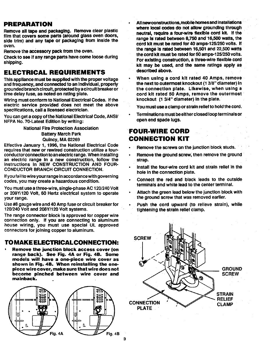 Preparation, Electrical requirements, To make electricalconnection | Four-wire cord connection kit | Sears SR10095 User Manual | Page 3 / 4