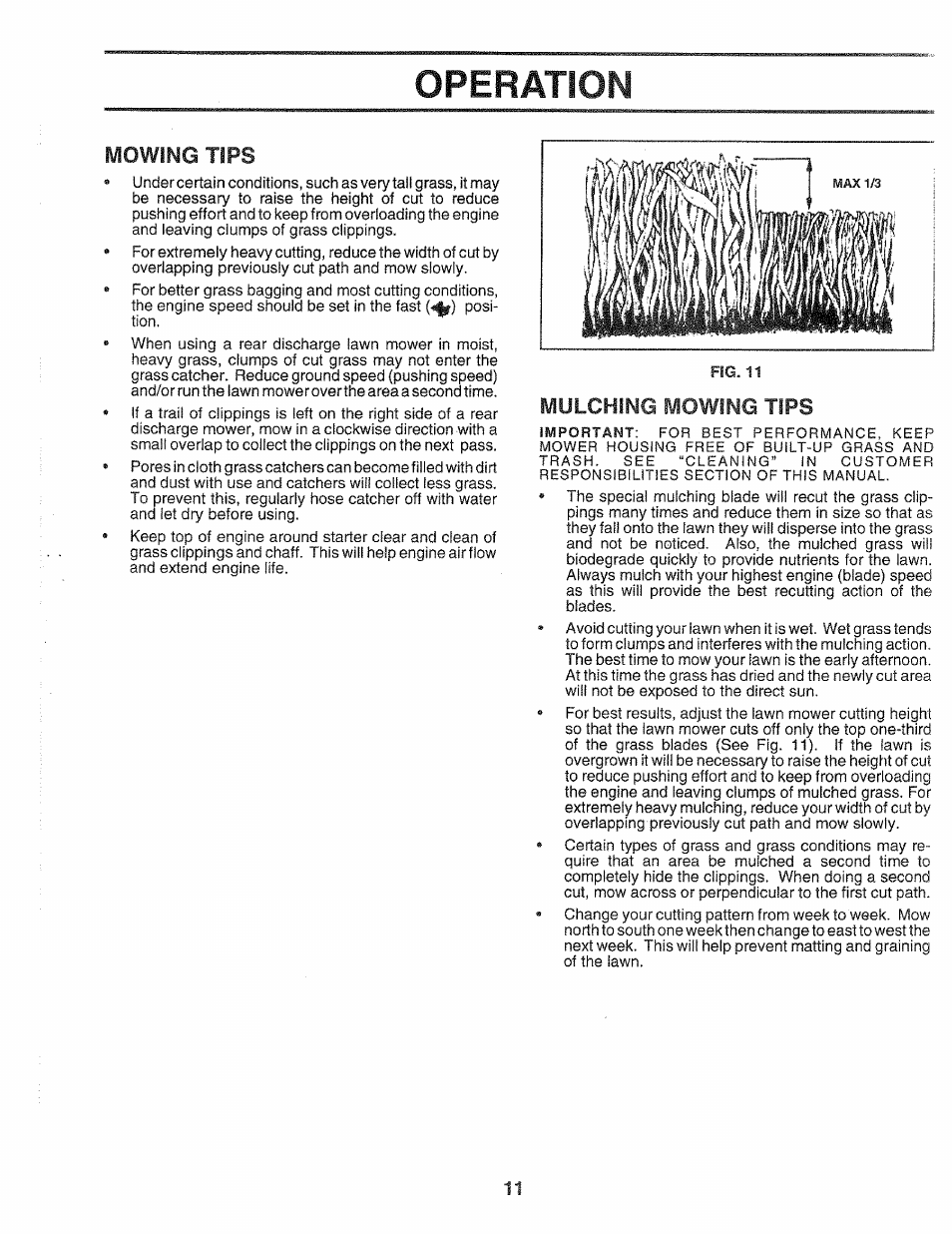 Mulching mowing tips, Operation, Mowing tips | Sears 917.372851 User Manual | Page 11 / 28