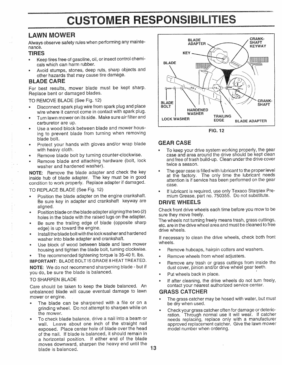 Tires, Blade care, Gear case | Drive wheels, Grass catcher, Customer responsibilities, Lawn mower | Sears 917.372851 User Manual | Page 13 / 28