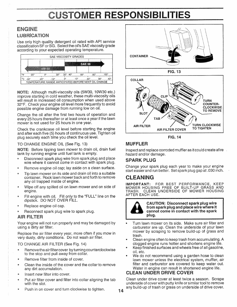 Lubricatiom, Air filter, Spark plug | Cleaning, Clean under drive cover, Customer responsibilities, Engine, Muffler, Drive | Sears 917.372851 User Manual | Page 14 / 28