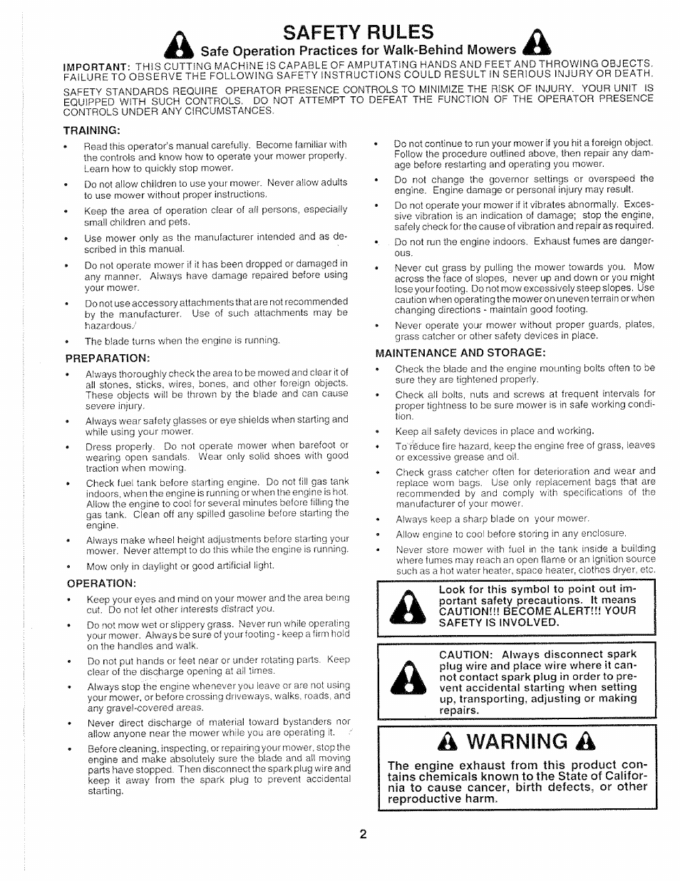 Safety rules, Training, Operation | Safe operation practices for walk-behind mowers | Sears 917.372851 User Manual | Page 2 / 28