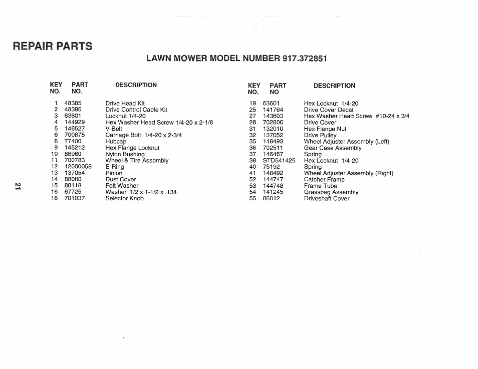 Repair parts | Sears 917.372851 User Manual | Page 21 / 28
