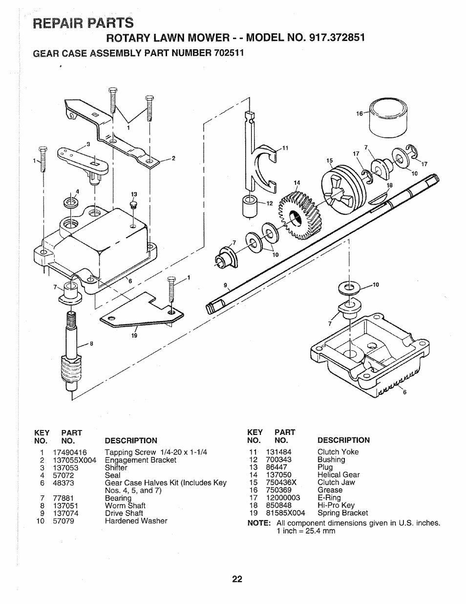Repair parts, Rotary lawn mower - - model no. 917.372851, Gear case assembly part number 702511 | Sears 917.372851 User Manual | Page 22 / 28
