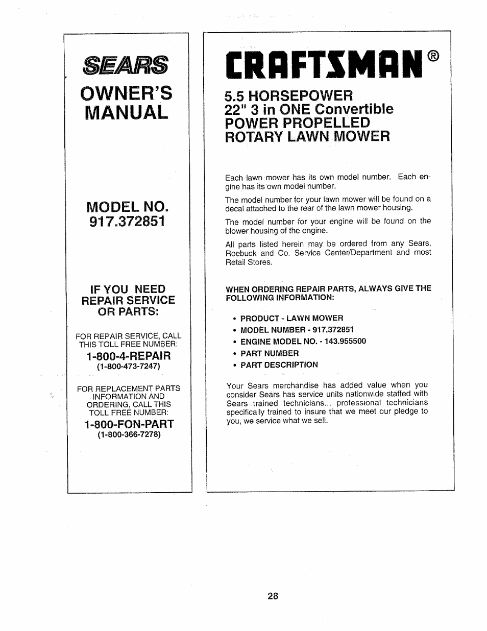 Se/am, 800-4-repair, 800-fon-part | Craftsman, Product - lawn mower, Part number, Part description, Owner’s manual, Model no | Sears 917.372851 User Manual | Page 28 / 28