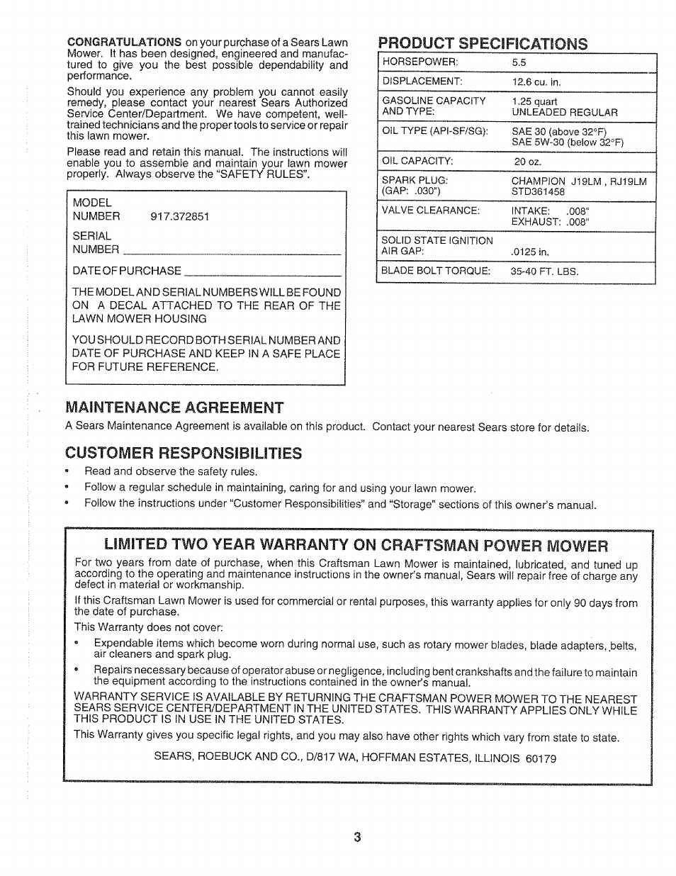 Product specifications, Customer responsibilities, Limited two year warranty on craftsman power mower | Responsibilities | Sears 917.372851 User Manual | Page 3 / 28