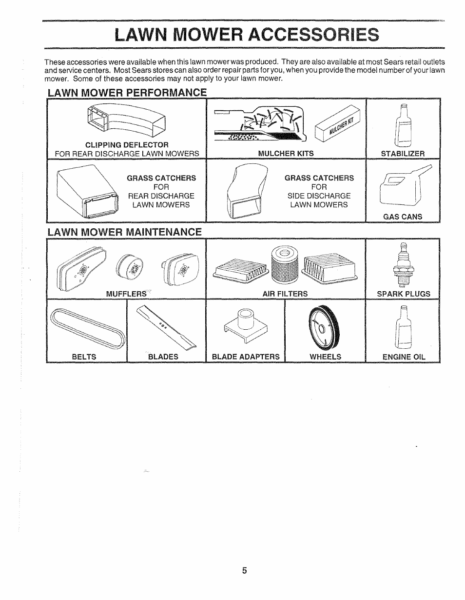 Lawn mower accessories, Lawn mower maintenance | Sears 917.372851 User Manual | Page 5 / 28
