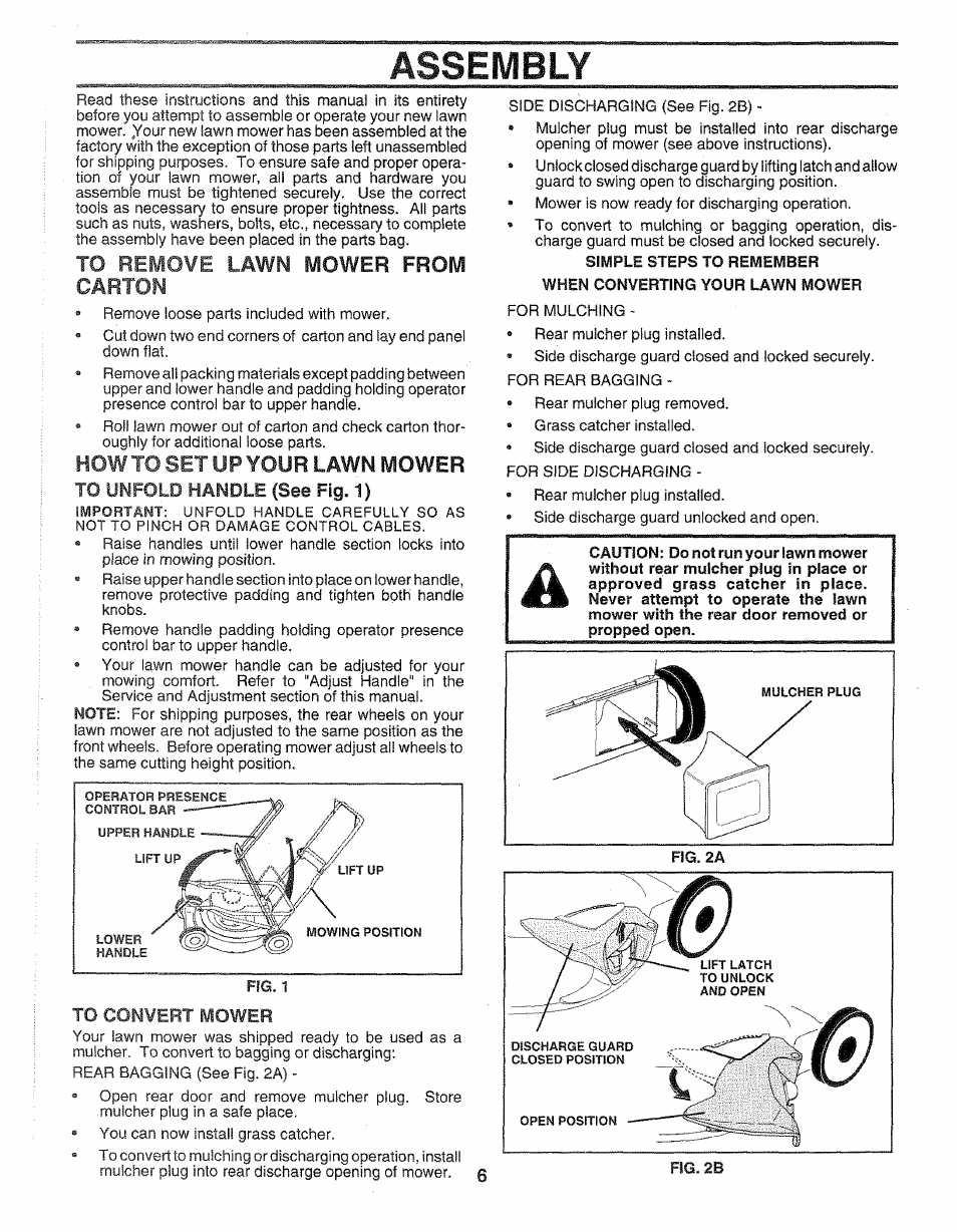 Assembly, Howtosetupyour lawn mower, To unfold handle (see fig. 1) | To convert mower, Simple steps to remember, When converting your lawn mower, Lawn mower from carton | Sears 917.372851 User Manual | Page 6 / 28